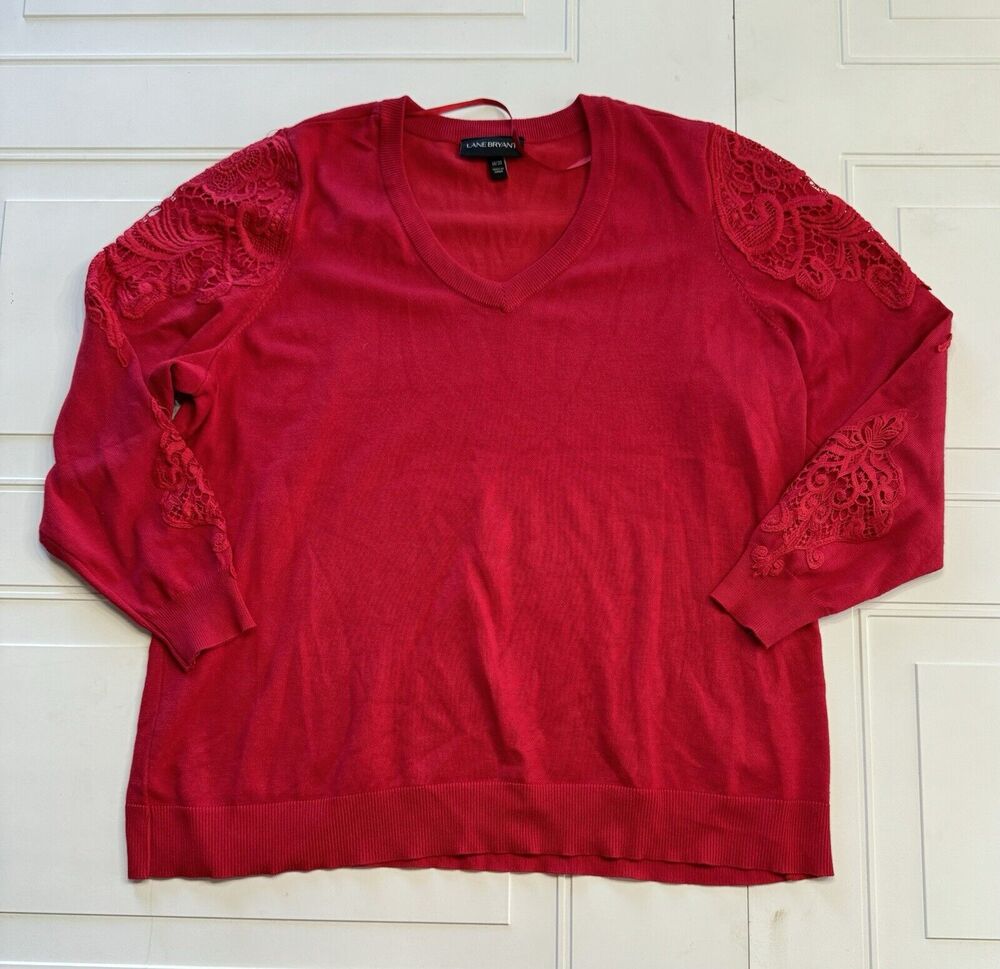 Lane Bryant Womens Sz 18/20 Red Lace Overlay Sleeves Long Sleeve Knit Sweater